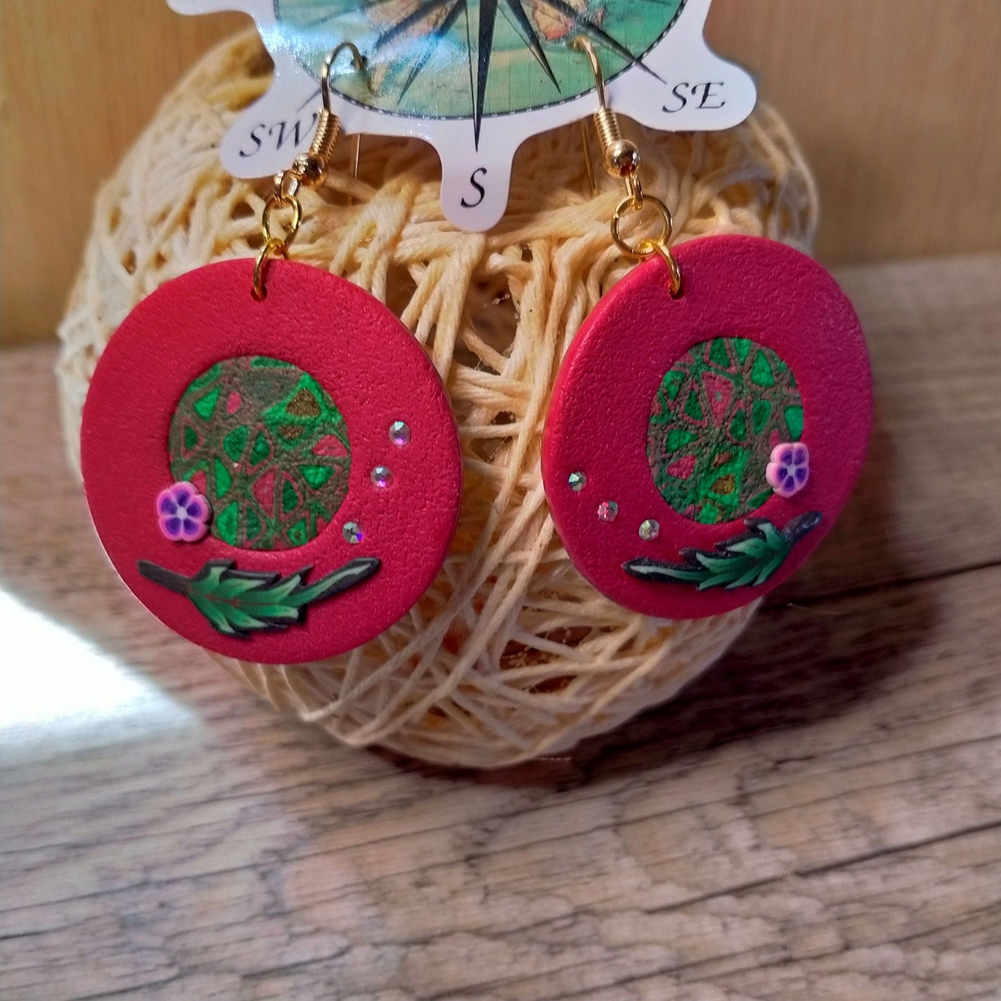 Boucles d'Oreilles "Rosée" - Argile Polymère Rose Vert Crochets Inox - Au Gré des Idées