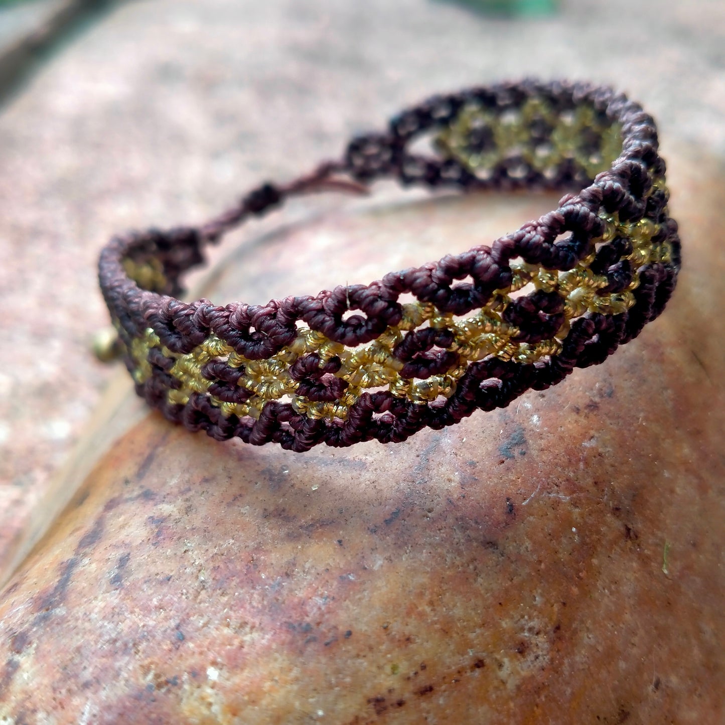 Bracelet "Terra" - Macramé Marron et Or - Fermoir Réglable