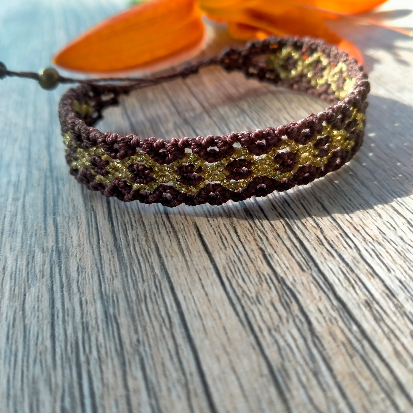 Bracelet "Terra" - Macramé Marron et Or - Fermoir Réglable