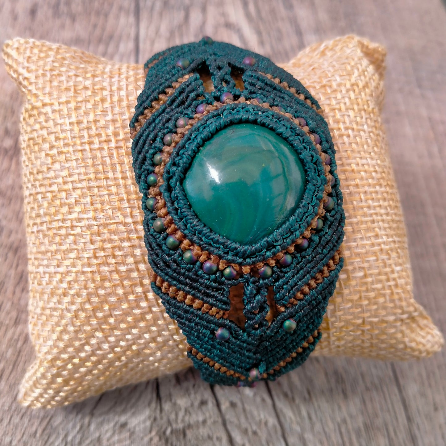 Bracelet "Mirage" - Manchette Macramé Vert Taupe Perles Rocaille
