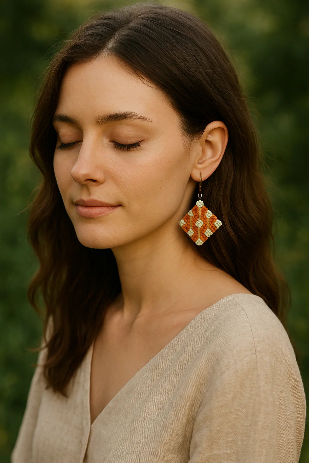 Boucles d'Oreilles "Léonie" - Macramé Lichen et Ambre