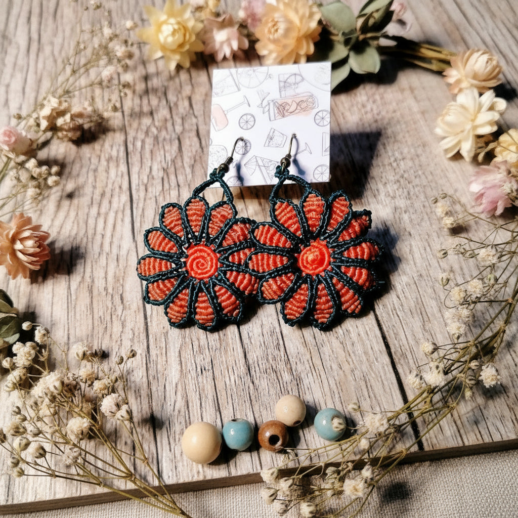 Boucles d'Oreilles "Dahlia" - Macramé Topaze Vert Canard - Au Gré des Idées