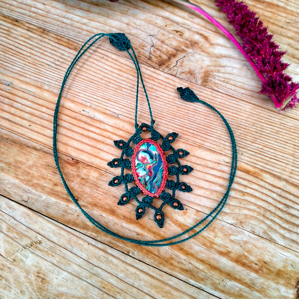 Collier "Oasis" - Macramé Cannelle Vert Canard - Au Gré des Idées