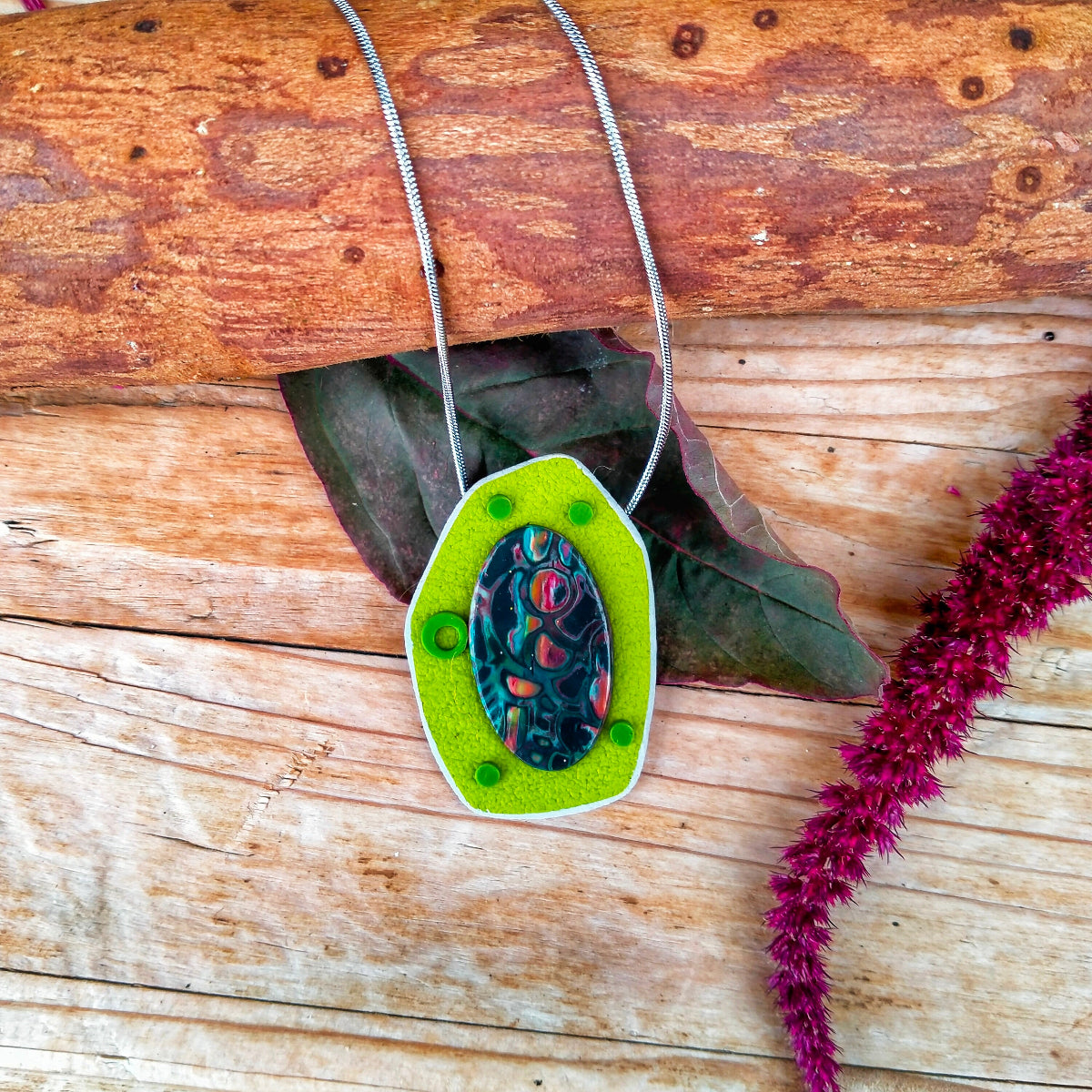 Collier "Amélie" - Pendentif Argile Polymère Vert - Au Gré des Idées