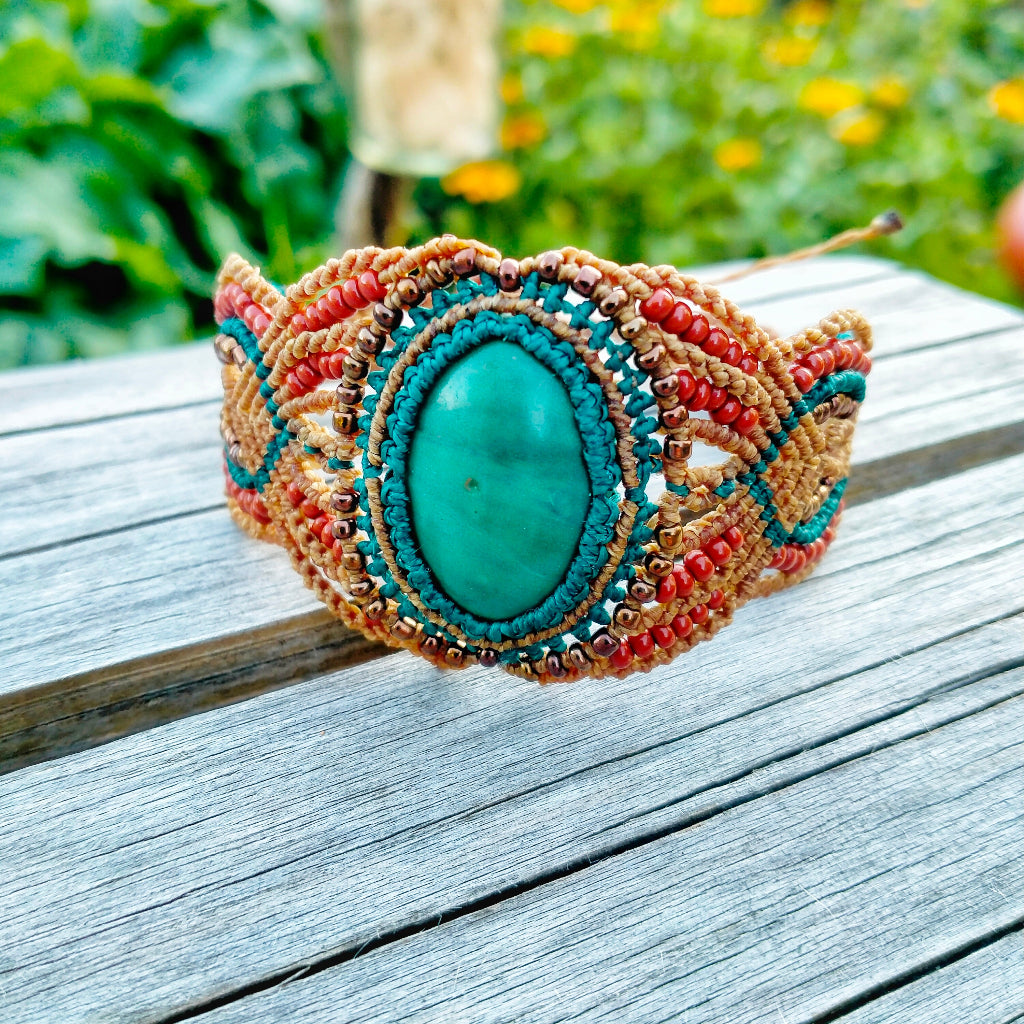 Bracelet "Léna" - Macramé Vert Canard Camel - Au Gré des Idées