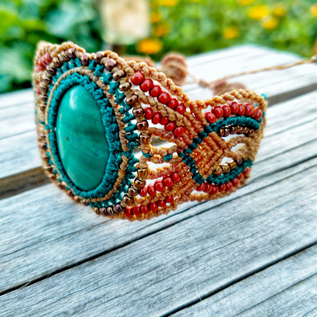 Bracelet "Léna" - Macramé Vert Canard Camel - Au Gré des Idées