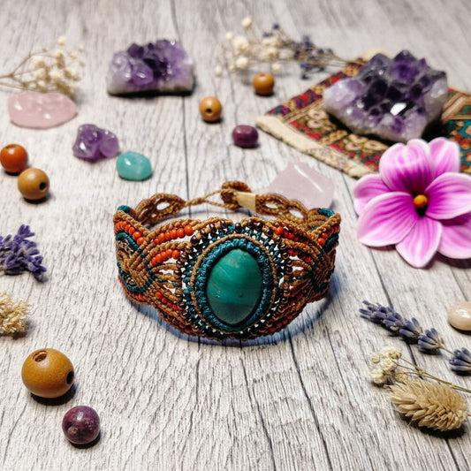 Bracelet "Léna" - Macramé Vert Canard Camel - Au Gré des Idées