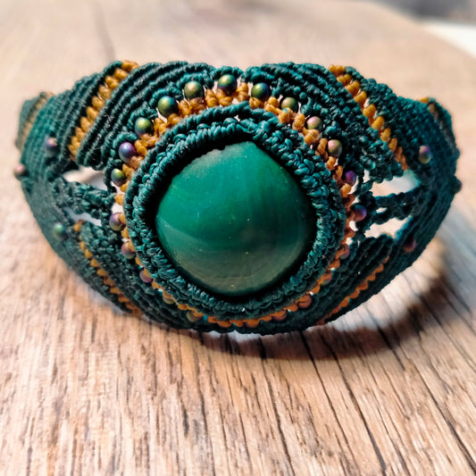 Bracelet "Mirage" - Manchette Macramé Vert Taupe Perles Rocaille