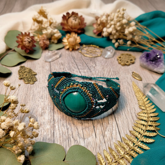 Bracelet "Mirage" - Manchette Macramé Vert Taupe Perles Rocaille - Au Gré des Idées