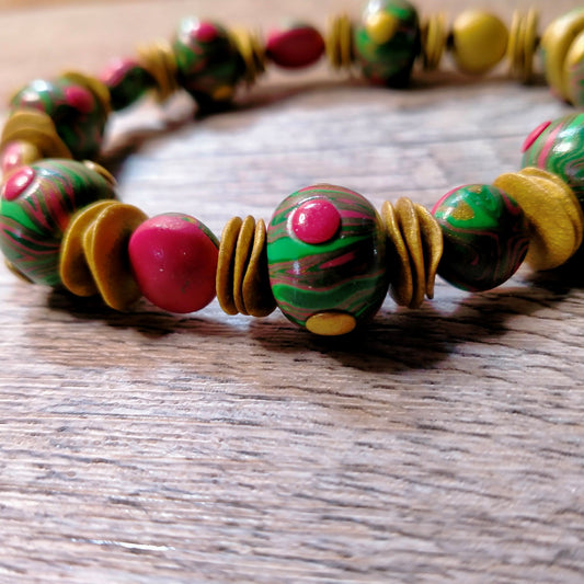 Bracelet "Aurore" - Perles Argile Polymère Rose Vert Or Fermoir Aimanté