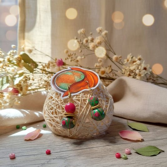 Boucles d'Oreilles "Pétale" - Perles Argile Polymère Rose Vert Or Pendantes - Au Gré des Idées