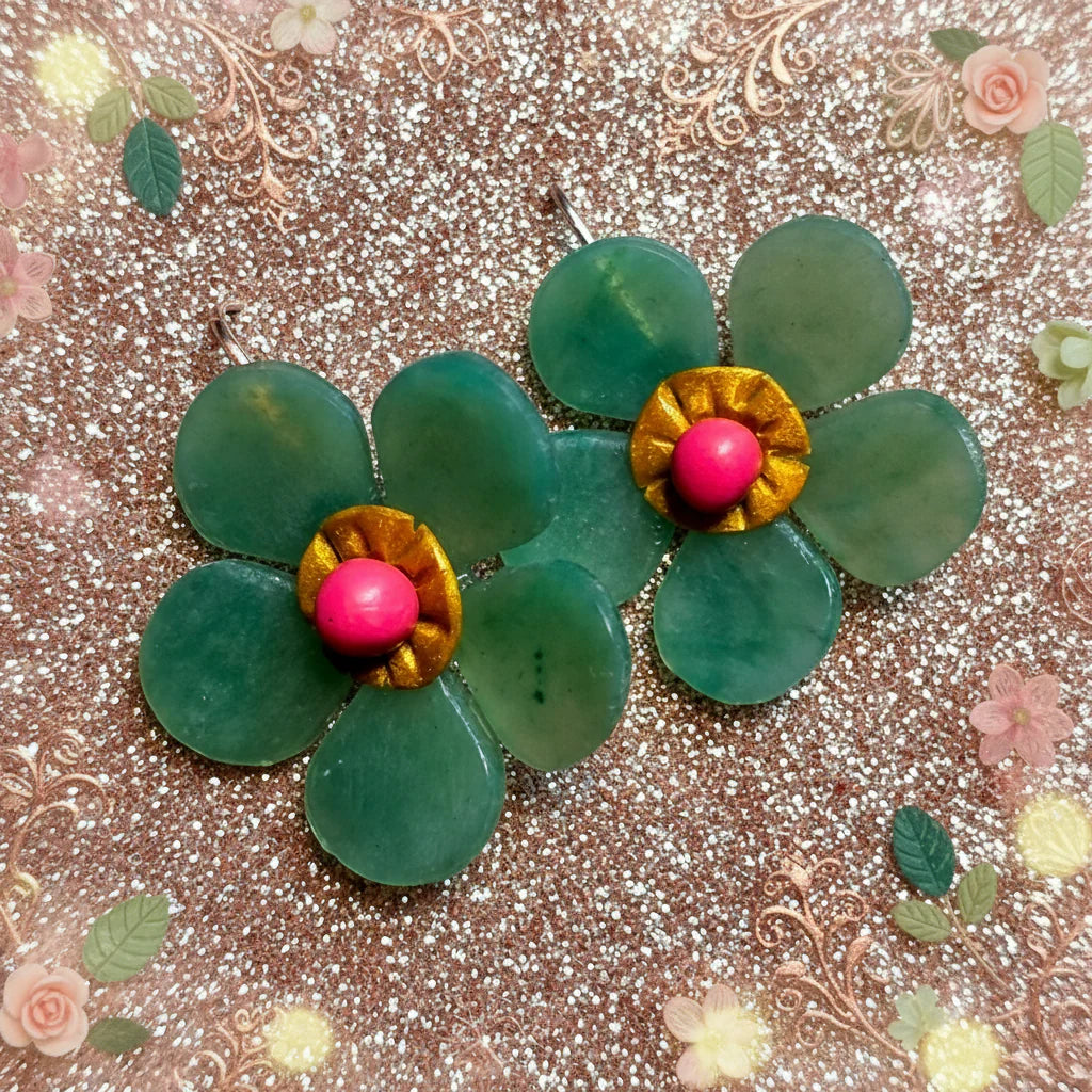 Boucles d'Oreilles "Fleur Verte" - Argile Polymère Vert d'Eau