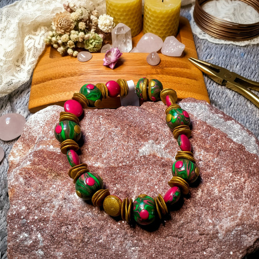 Bracelet "Aurore" - Perles Argile Polymère Rose Vert Or Fermoir Aimanté - Au Gré des Idées