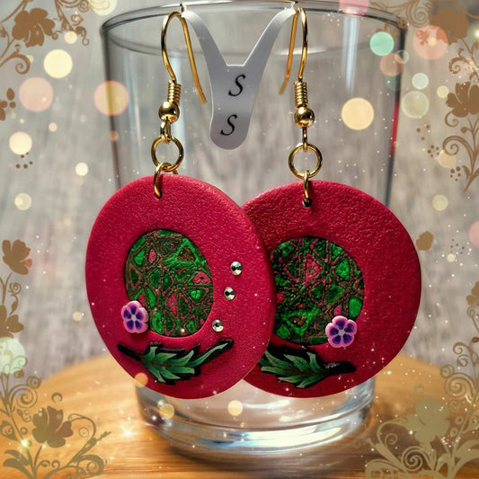 Boucles d'Oreilles "Rosée" - Argile Polymère Rose Vert
