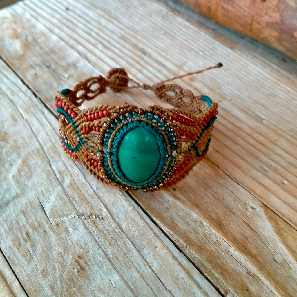 Bracelet "Léna" - Macramé Vert Canard Camel - Au Gré des Idées