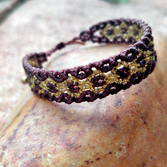 Bracelet "Terra" - Macramé Marron et Or - Fermoir Réglable