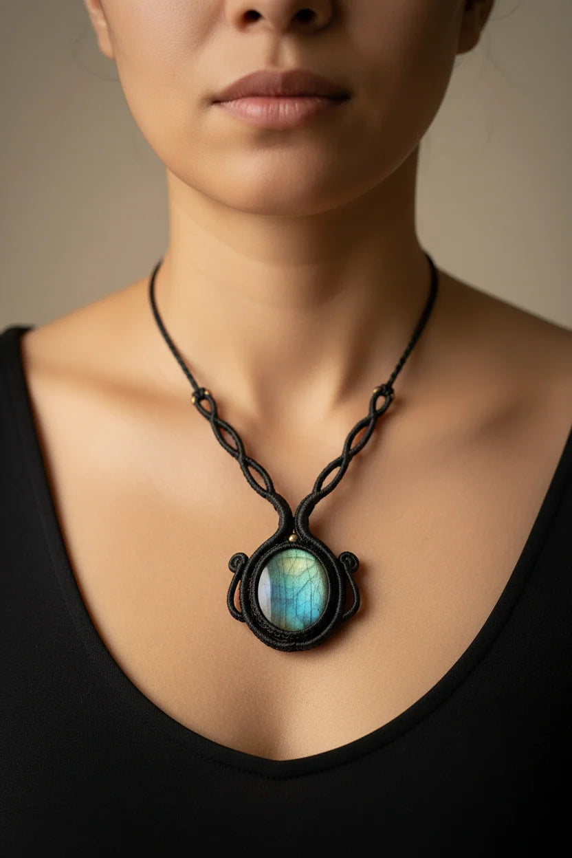 Collier "Mystère" - Macramé Noir Cabochon Labradorite