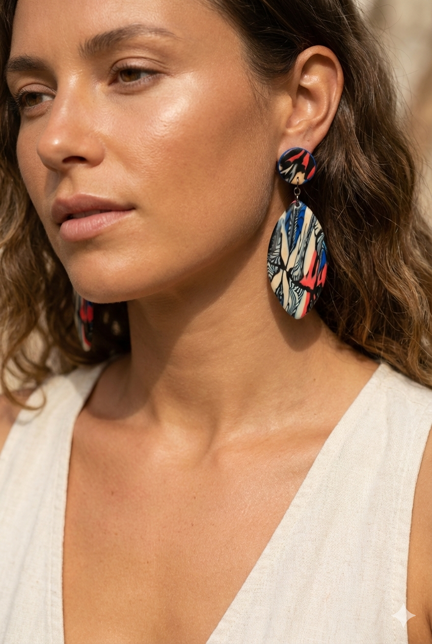 Boucles d'oreilles Amara argile polymère motifs africains clous inox, portées