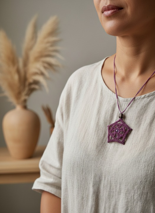 Sautoir Cassiopée en micro-macramé améthyste avec pendentif floral étoilé et perle centrale améthyste, porté sur tunique beige